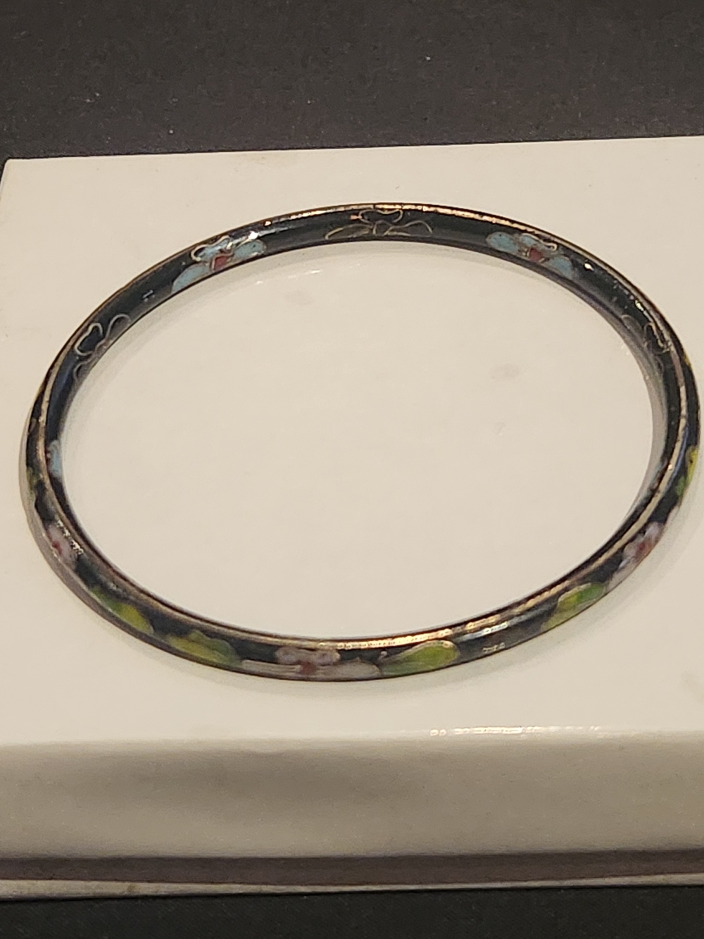 Black Pink Green Multicolor Cloisonne Enamel Floral Bangle Bracelet Vintage